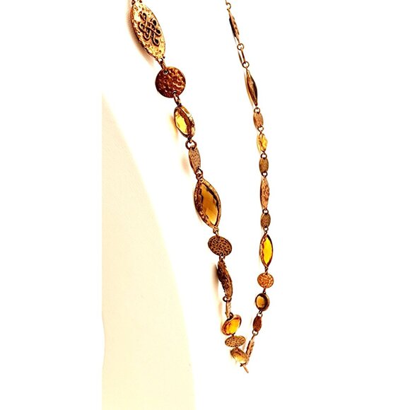 Long 70s Style Hammered Gold Tone Necklace With Amber-Colored Stones Fall Boho - Picture 5 of 8